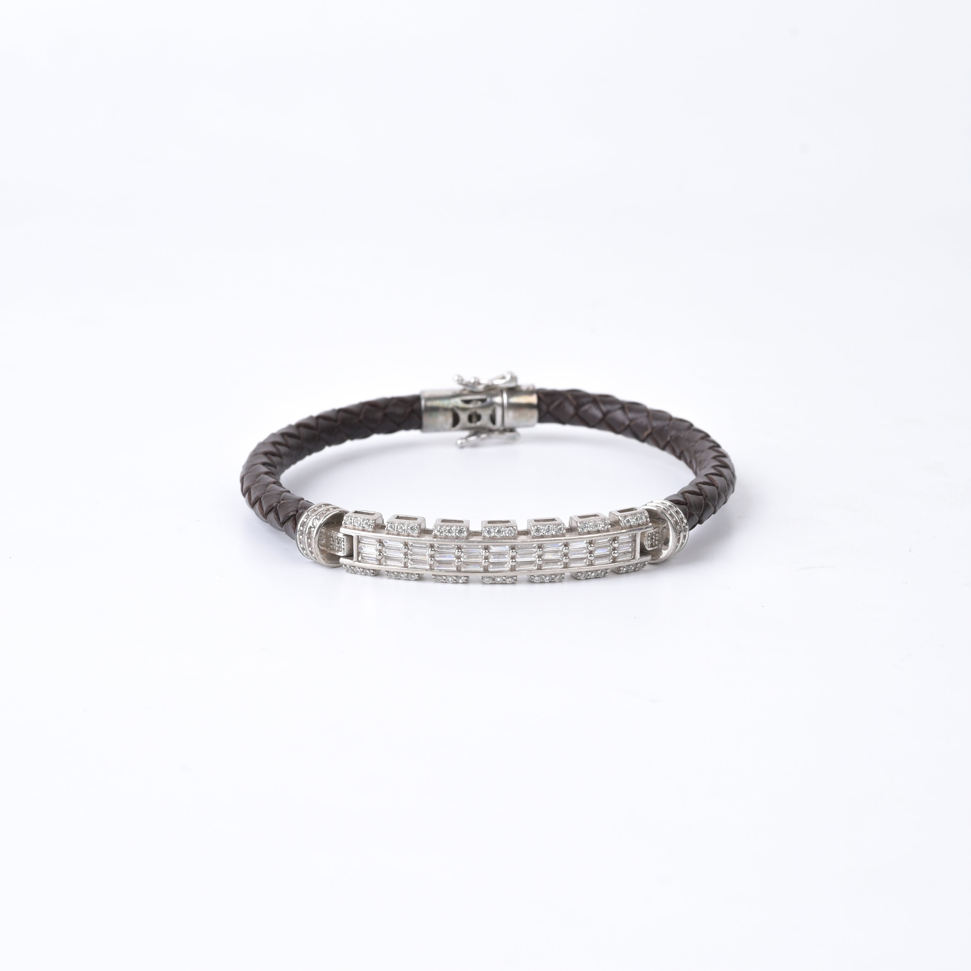 925 Silver CZ Diamond Bracelet With Classic Brown Leather Straps