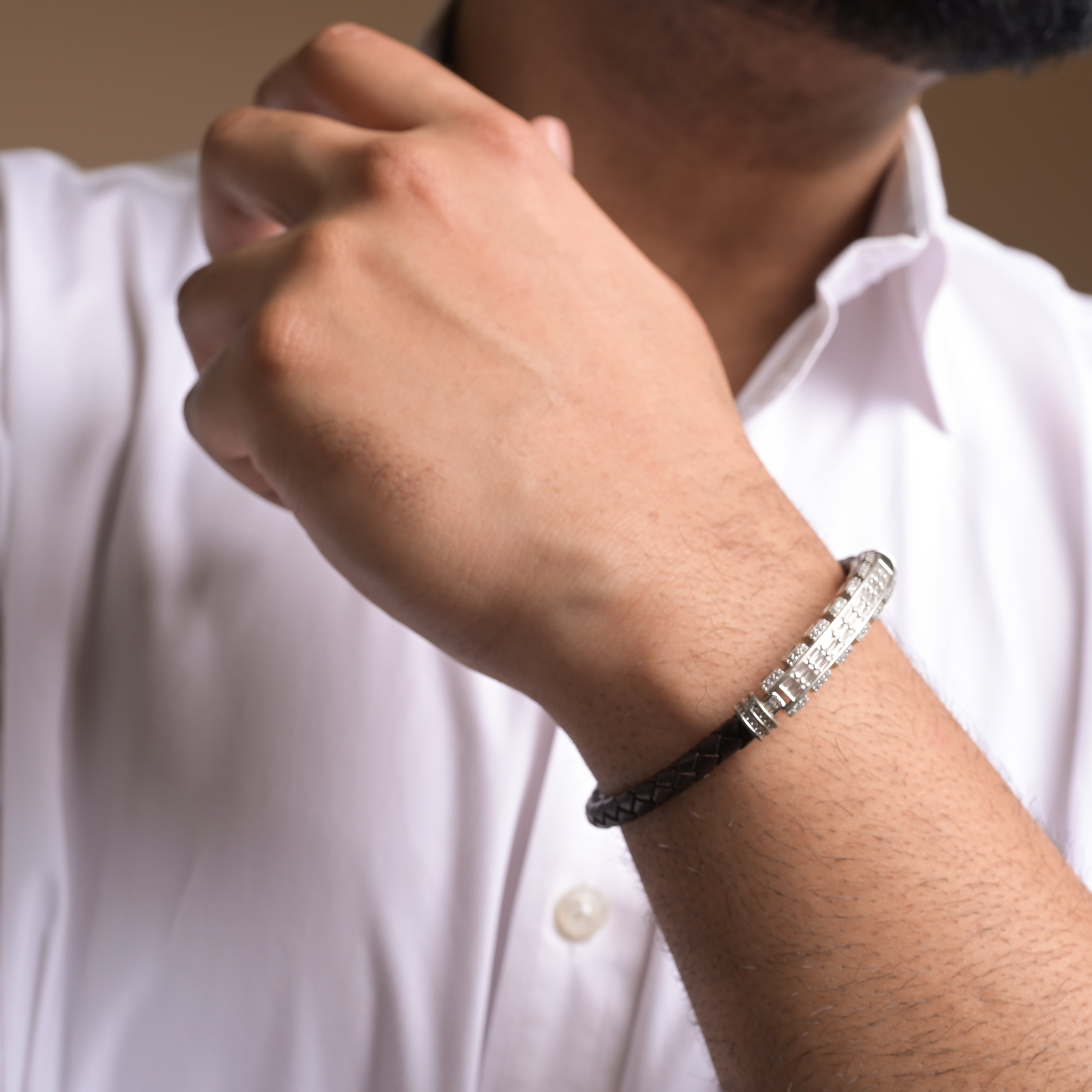 925 Silver CZ Diamond Bracelet With Classic Brown Leather Straps